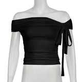 Korean Style Solid Color Women's Top Casual Slash neck Crop Top Fahionable Slim Fit White Tee Lady Summer Night Out Dress up