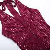 Sexy Halter Backless Rompers Short Jumpsuit Wine Red Black Deep V-neck Backless Lace-up Rhinestones Playsuit Female Bodysuit