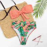 2026 Sexy Bikini Bandeau Women Push Up Swimwear Swimsuit Pleated Leaf Print High Waist Backless Bikinis Set Beach Bathing Suit
