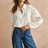 2026 New Elegant Lace Patchwork Long Sleeve Blouse Women Hollow Out Lace Trim Office Lady Commute Casual Shirt Top