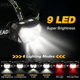 Motion Sensor Headlamp 9 Led Strong Headlight 2000 Lumen USB Portable Waterproof Camping Outdoor Head Lamp Work Flashlight