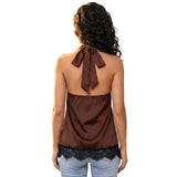 Women's Elegant Satin Tops Lace Trim Open Back Halter Low Cut Vest for Party Daily Casual Loose Fit Sleeveless Blouse