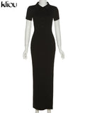 Kliou Elegant Office Lady Maxi Dress Women Solid Fashion Turn-down Collar Short Sleeve Button Side Slit Body-Shaping Street Robe