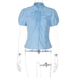 FDYOUI Fashion Stand Collar Lace-up Hollow Out T-shirts Women Chic Short Sleeve Single Breasted Crop Top Folds Solid Tee Shirt