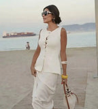 Women's Sleeveless Knit Top With Metal Buttons White Sleeveless Button Down Vest And Maxi Skirt Two Piece Set For Women S7XY