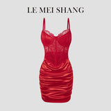 Hot Girls Slim Spaghetti Strap Mini Dresses Women Sexy See Through Flower Lace Fold Package Hip Bodycon Short Dress Club Vestido