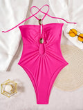 2026 Summer Women's One-piece Suit Swimwear Sexy Hollow Out Neck Lace-up Bodysuit Beachwear High Waist Push Up Bathing Suits