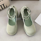 10cm Super High Heels Mary Jane Shoes Women Fashion Patent Leather Platform Pumps Woman Pearls Chain Ankle Strap Party Shoes