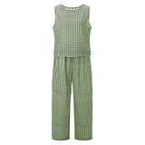 Women’s 2 Piece Summer Pant Outfits Sleeveless Plaid/Stripes Print Tank Tops + Pants Set Casual Streetwear