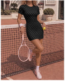 Retro Polka Dot Sports Tennis Dresses Women Quick Drying Round Neck Short Sleeve Back Hollow Cross Slim Yoga Golf Fitness Dress