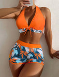 2026 Summer Women's Print Patchwork Swimsuit Sexy Deep V Neck Back Lace-up Swimwear High Waist Shorts Tankini Bathing Suit Beach
