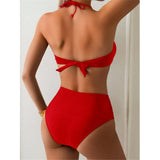 S - XL Metal Ring Halter Female Swimsuit High Waist Bikini Women Swimwear Two-Pieces Bikini Set Bather Bathing Suit Swim V6933