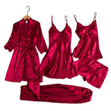 5 Pcs/Set Silky Satin Women Pajamas Set Nightgown Nightdress Top Shorts Pants Set Lace Patchwork Loose Thin Women Sleepwear