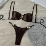 Metal Buckle Satin Bikini Women Mini Micro Thong Swimwear Female Swimsuit Two-pieces Bikini Set High Cut Bathing Suit Swim Lady