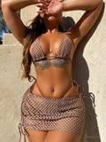 2026 Summer New Sexy Hollow Out Bikini 3 Piece Set Solid Spaghetti Strap Tops + Laced Upunderpants + Skirt Swimwear Swimsuit
