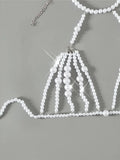 Luxury Pearls Chain Halter Hollow Out See Through Bikini Top Female Swimsuit Women Swimwear Bather Bathing Suit Swim Beach Top
