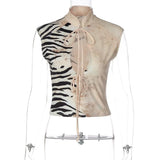 FDYOUI Sexy Zebra-stripe Print Tank Tops Women's Corset 2026 Summer Stand Collar Lace-up Sleeveless T-shirt Hollow Out Crop Top