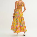 Women Summer Bohemian Floral Print Sundress Smocked Square Neck Sleeveless Backless A-line Long Tiered Ruffle Dress with Pockets