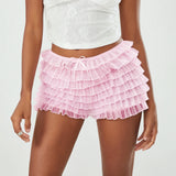 Solid Color Multi-Layer Mesh Short Pants Sweet Cute Bloomers Women Summer Ruffled Frilly Shorts