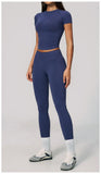 2PCS Women's Tracksuit Seamless Yoga Set Short Sleeve O Neck Workout T Shirts Fitness Suit Tight Hip Lifting Leggings Gym Sets