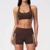 Tight Color Contrast Yoga Suit 2 Pieces Women V Neck Sports Bra Pleate High Waist Shorts Gym Running Fitness Suits Tracksuit