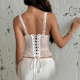 Summer Beige Lace Corset Tank Top Women U Neck Slim Fit Fishbone Waist Cinching Vest 2026 Lady Club Party Vacation Streetwear