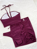 Sexy 3-Piece Bikini Set Women Burgundy Hollow Swimwear Swimsuit Bikinis Set Bathing Suit Beach Bikini Female Drawstring Skirt