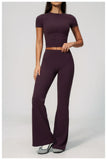 Creamy 2 Pieces Workout Suit Women Yoga Outfits Short Sleeve O Neck Slim Sports T Shirts High Waist Flare Pants Gym Fitness Sets