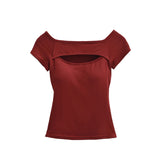 Korean Style Goddess Off-Shoulder Casual Elegant Sexy Hot Girl Top Women Hollow Out Short Sleeved Solid Color T-Shirt Charm 7O4B