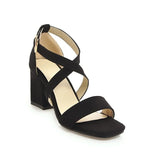 Big Size Casual Women Sandals Black Flock 7cm High Square Heels Peep Toe Summer Cross Buckle Strap Party Office Red Lady Sandals