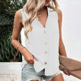 Summer T-Shirt Women Vest Casual Tank Top Oversize V-Neck Sleeveless Button Single-breasted Mid Length Women Shirts