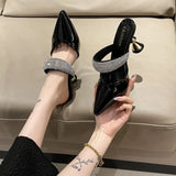 American pointed rhinestone high-heeled slippers women slim heels with toe caps, empty fashion sandals,