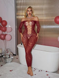 Long-sleeved Ripped Purple Charming Sexy Strapless Hollowed-out One-piece Mesh Outfit Transparent Off-the-shoulder Bodysuit 9UM7