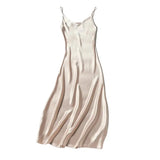 Women Evening Dress V Neck Low Cut Spaghetti Strap Solid Color Backless Dress-up Sleeveless Satin Wedding Party Midi Dress