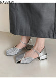 Summer Shallow Women Silver Flats Square Toe Design Beach Sandals Black Mesh Breathable Organza Mary Janes Chaussure Femmes