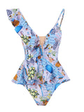 Sexy Ruffle Shoulder Swimsuit V-Neck Swimwear Women Backless Push Up Bathing Suit  Beach Wear 2024 Female Swimming Suit