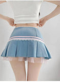 Striped Contrasting Color Bow Lace Splicing Pleated Skirt Women 2026 Summer American Style Low Waist  A-line Short Skirt UBFK