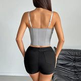 Phantasy Fashion Laec Balck Crop Top Women French Style Pink Bow Strap Tanks Lady Elegant Party Fishbone Camisole Summer Outfit