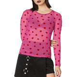 Women's Mesh Tops Long Sleeve Round Neck Heart Print Trendy T-Shirts Summer Spring Sexy Beach Club Shirts Cover-ups