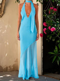 Women's Summer Dress Dot Print Backless Halter Slim Fit Long Dress with Scarf Party Elegant Dresses