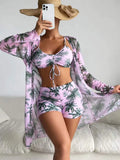 New Sexy 3 Pieces Suit for Women Neck Hanging Bikini Set+Cover-up Swimwear Sunproof Tankini High Waist Shorts Swimsuit Beachwear