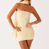 Women Solid Color Ruched Tube Top Dress Summer Slim Off Shoulder Sleeveless Open Back Mini Bodycon Dresses with Scarf