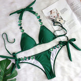 DEKA Women Diamond Bikini Set Rhinestones Swimwear Halter Wrinkled Bikini Female Two-pieces Swimsuit Bather Bathing Suit Swim