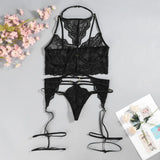 Porn 3pcs Lace Underwear Set Women Sexy Lingerie Halter Bra and Panties Garter Intimate Erotic Babydolls Sex Costumes