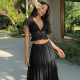 FDYOUI Sexy V-neck Lace Patchwork T-shirt Tops+Long Skirt 2 Piece Set Women's Summer Green Holiday Party Dress Suit Streetwear