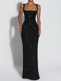 Women's Sequin Maxi Dress Burgundy Square Neck Sleeveless Bodycon Evening Gown Formal Party Prom Cocktail Mermaid Long Dresses