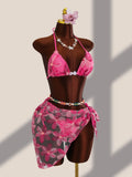 Sexy Pink Floral Embroidery Bikini Set 2026 Women Push Up Bra Triangle Swimsuit Holiday Bathing Suit Cover Up 3 Piece Swimwear