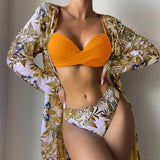 Boho Style Women's 3 Pieces Swimsuit Floral Bikini Set+Long Sleeve Cover-Up Swimwear Sexy Low Waist Tankinis Beachwear Holiday
