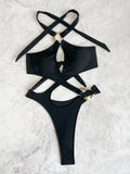 Sexy Black Ring Bikinis One Piece Cross Hollow High Waist Bathing Suits Biquini Back Tie Swimwear Women Beach Monokini Beachwear