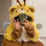Cartoon Honeybee Pajamas Robes Slipper Kigurumi Unicron Anime Flannel Nightgown Winter Nightdress Party Cosplay Costume Slipper